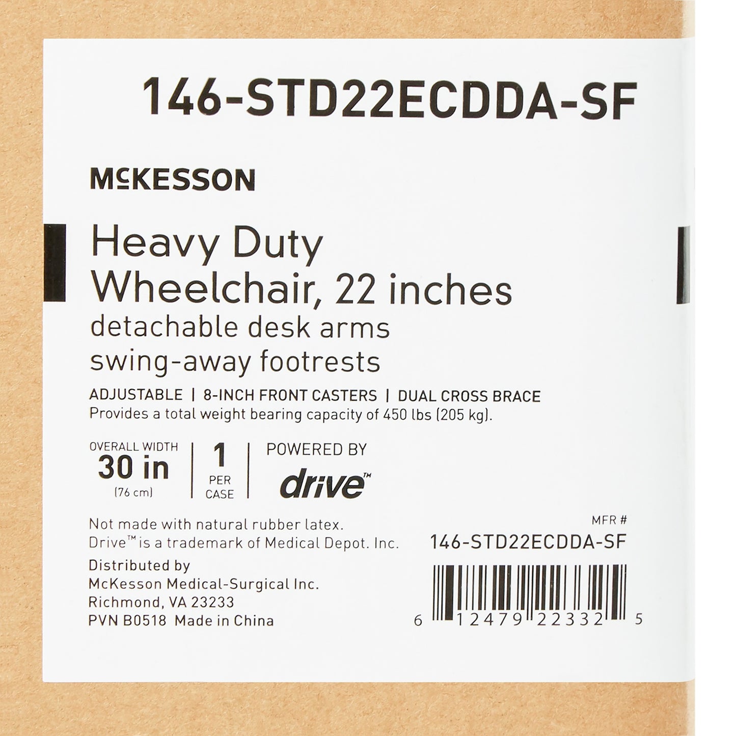 Wheelchair, Hd Dual Cross Brace Dda Sf 22" 450lbs