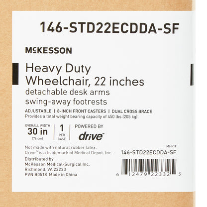 Wheelchair, Hd Dual Cross Brace Dda Sf 22" 450lbs